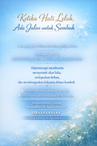Kadang kita terlihat kuat, padahal hati sedang lelah. Tidak semua luka terlihat, tapi semua luka bisa disembuhkan. Hipnoterapi membantu Anda menyentuh akar masalah, melepaskan beban masa lalu, dan menemukan kembali ketenangan diri. ✨ Saatnya berdamai. Saatnya pulih. 📩 Hubungi untuk konsultasi & appointment. Sesi privat dan rahasia.